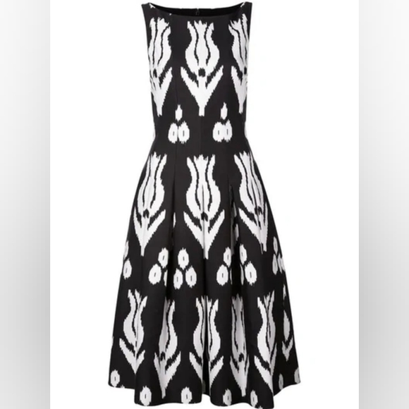 °$2,254 NEW OSCAR DE LA RENTA ROSE BLACK WHITE MIDI DAY DRESS US 14 - Picture 1 of 8